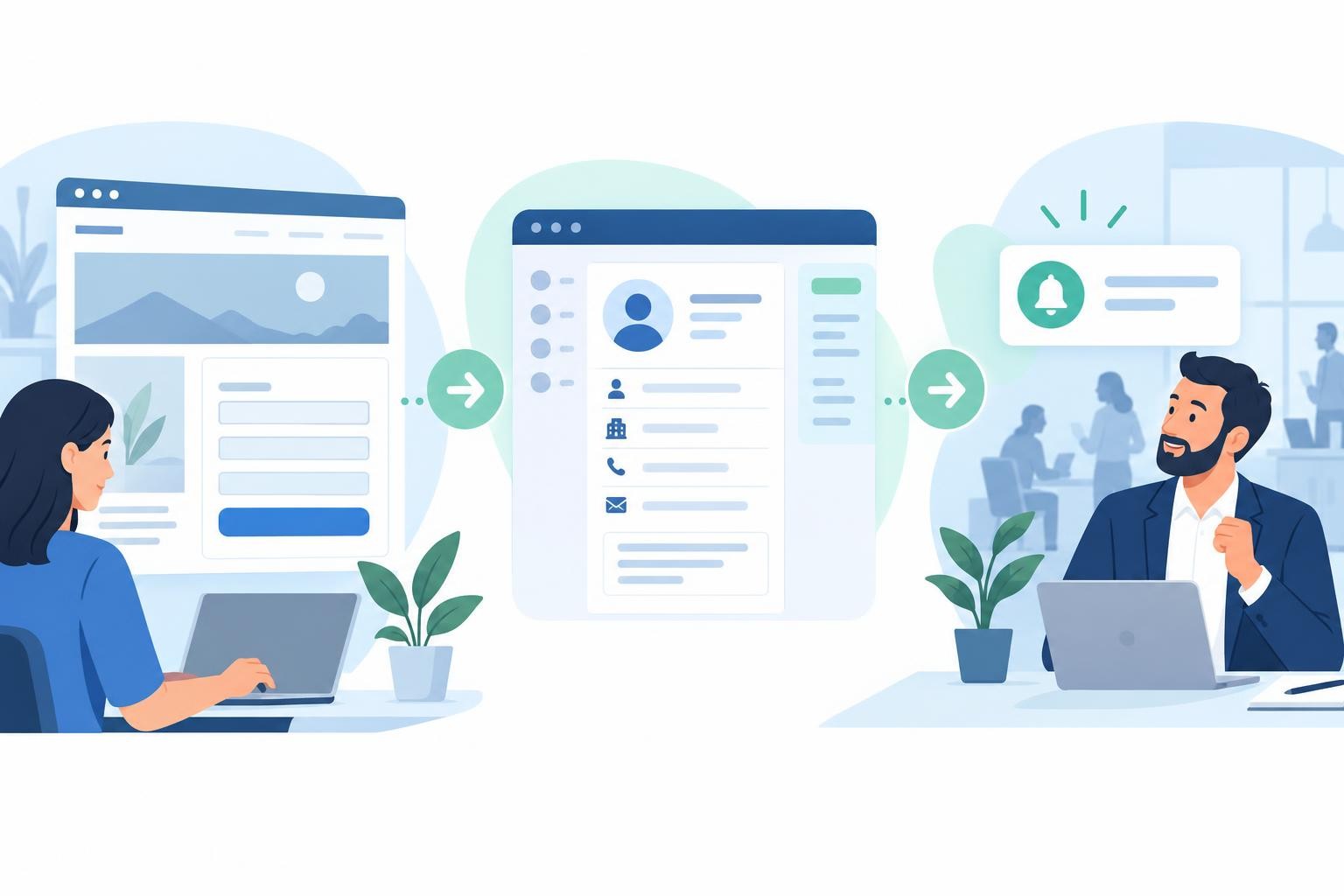 Une demande de formulaire WordPress est transmise à HubSpot puis attribuée à un commercial