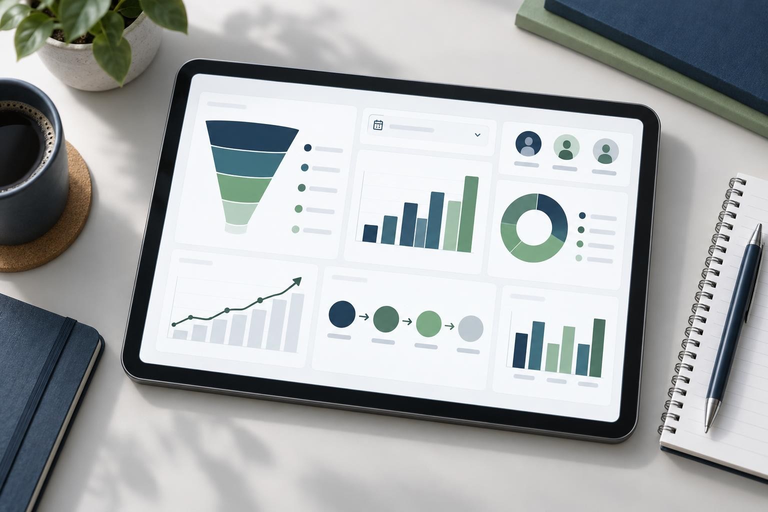 Tableau de bord CRM avec pipeline commercial, conversions et suivi des activités d’une équipe PME B2B